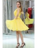 Simple High Neck Short Yellow Chiffon Prom Dress With Beading Waist