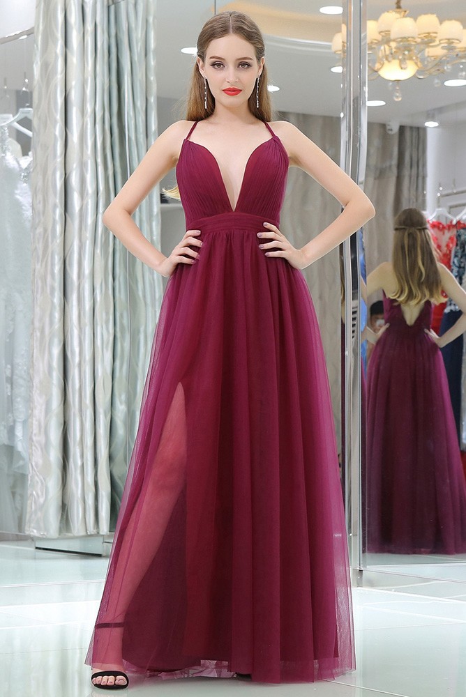Burgundy Deep V Pleated Tulle Evening Dress With Split Front #B015 ...