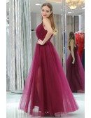 Burgundy Deep V Pleated Tulle Evening Dress With Split Front