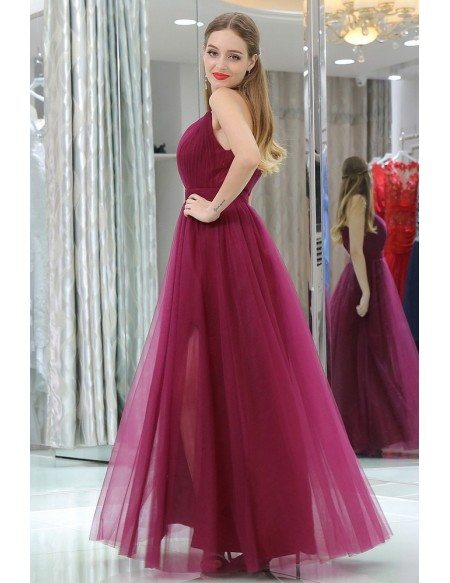 Burgundy Deep V Pleated Tulle Evening Dress With Split Front
