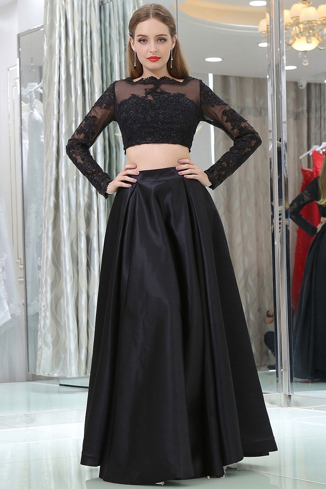 Unique Simple Satin Black Prom Skirt With Modest Lace Jacket #B016 ...