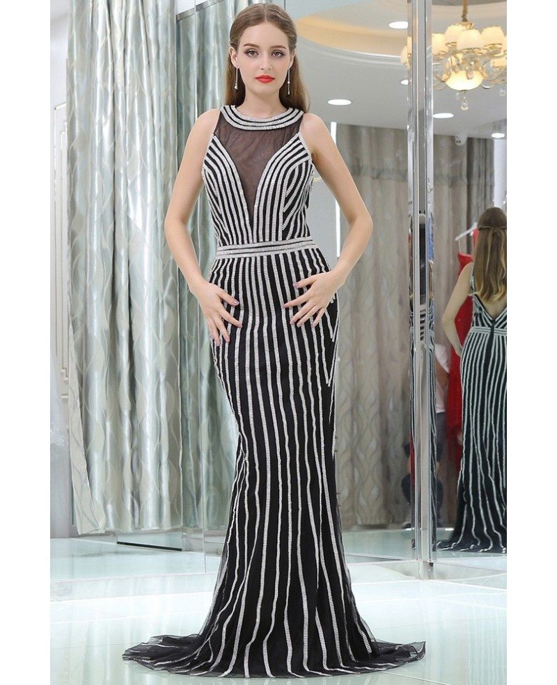 Open Back Trained Mermaid Black Prom Dress With Unique White Beading # ...