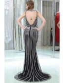Open Back Trained Mermaid Black Prom Dress With Unique White Beading