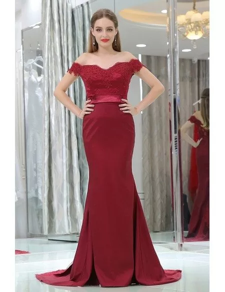 Off Shoulder Burgundy Lace Satin Formal Evening Dress In Mermaid Style
