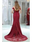 Off Shoulder Burgundy Lace Satin Formal Evening Dress In Mermaid Style