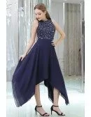 Navy Blue High Low Chiffon Prom Party Dress With Beaded Lace Bodice