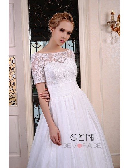 A-Line Off-the-Shoulder Court Train Tulle Wedding Dress With Beading Appliquer Lace