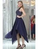 Navy Blue High Low Chiffon Prom Party Dress With Beaded Lace Bodice