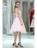 Girls Short Pink Lace Beaded Prom Dress With Off Shoulder Straps