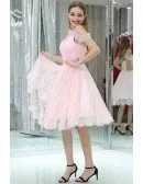 Girls Short Pink Lace Beaded Prom Dress With Off Shoulder Straps