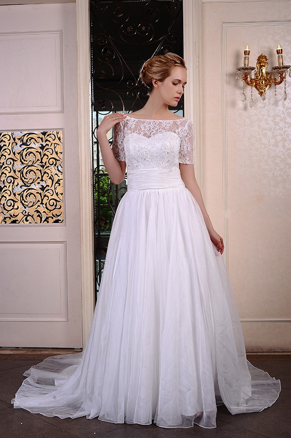 A-Line Court Train Off the Shoulder Tulle Long Sleeve Floral Wedding Dress