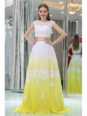 Gradient White And Yellow Lace Prom Dress In Two Pieces