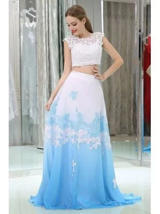 Two Pieces Lace Beaded Prom Gowns In Gradient White And Blue