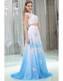 Two Pieces Lace Beaded Prom Gowns In Gradient White And Blue