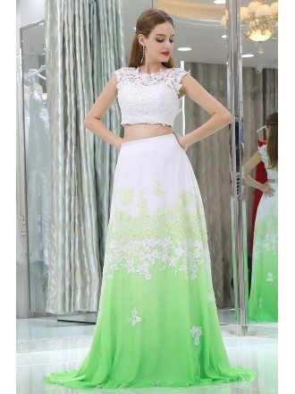 Long Lace Chiffon Gradient White And Green Prom Gown In Two Pieces