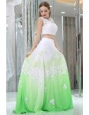 Long Lace Chiffon Gradient White And Green Prom Gown In Two Pieces
