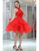 Hot Red Short Halter Layered Organza Prom Dress With Two Pieces