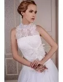 Ball-Gown High Neck Court Train Tulle Wedding Dress With Appliquer Lace Flowers
