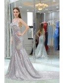Sparkly Silver Sexy Sequined Mermaid Prom Dress With Long Train