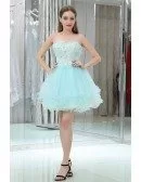 Strapless Short Tulle Baby Blue Prom Gown With Crystal Lace