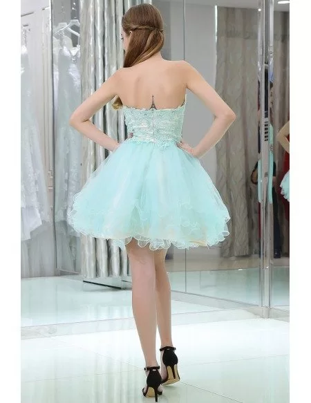Strapless Short Tulle Baby Blue Prom Gown With Crystal Lace