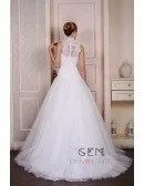 Ball-Gown High Neck Court Train Tulle Wedding Dress With Appliquer Lace Flowers