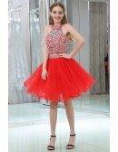 2 Piece Hot Red Sparkly Halter Prom Dress With Crystals