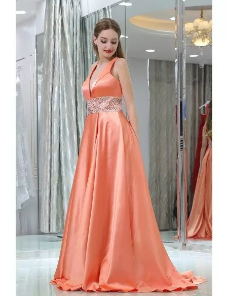 Long Deep V Beaded Coral Satin Evening Dress With Big Ball Gown