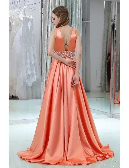 Long Deep V Beaded Coral Satin Evening Dress With Big Ball Gown
