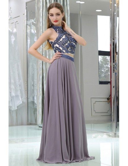 Long Chiffon Sexy Two Piece Unique Prom Dress With Crystals