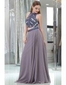 Long Chiffon Sexy Two Piece Unique Prom Dress With Crystals