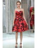 Strapless Sweetheart Little Black And Red Prom Dress In Floral Print Style