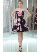 Simple Strapless Little Black Prom Dress With Pink Printed Floral