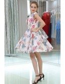 Unique Printed Floral Colorful Deep V Prom Dress In Knee Length