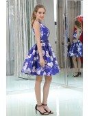 Special Printed Floral Short Beaded Evening Dress With Deep V Neck
