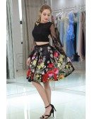 Two Piece Floral Print Short Black Lace Party Dress With Long Sleeves