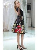 Two Piece Floral Print Short Black Lace Party Dress With Long Sleeves