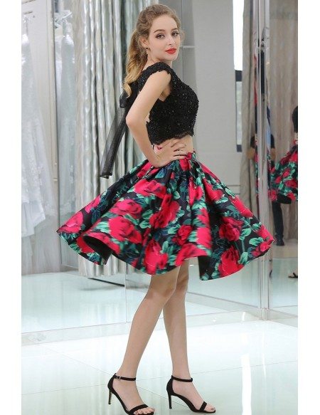 Two Piece Short Black Lace Beaded Party Prom Dress With Printed Floral