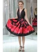 Black And Red Printed Short Satin Pleated Evening Dress With Deep V Neck