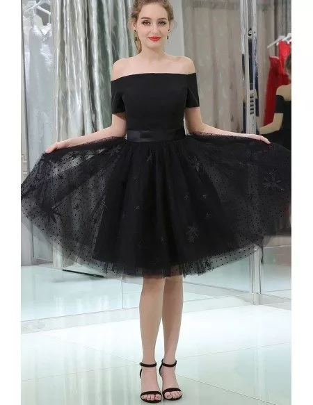 Little Black Short Lace Tulle Satin Prom Dress With Off The Shoulder Sleeves