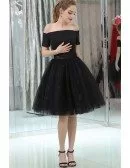 Little Black Short Lace Tulle Satin Prom Dress With Off The Shoulder Sleeves