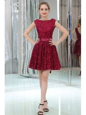 Modest High Neck Cocktail Lace Prom Dress In Burgundy