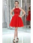 Strapless Little Red Sequined Tulle Prom Dress In Cocktail Length