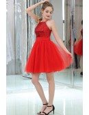 Strapless Little Red Sequined Tulle Prom Dress In Cocktail Length