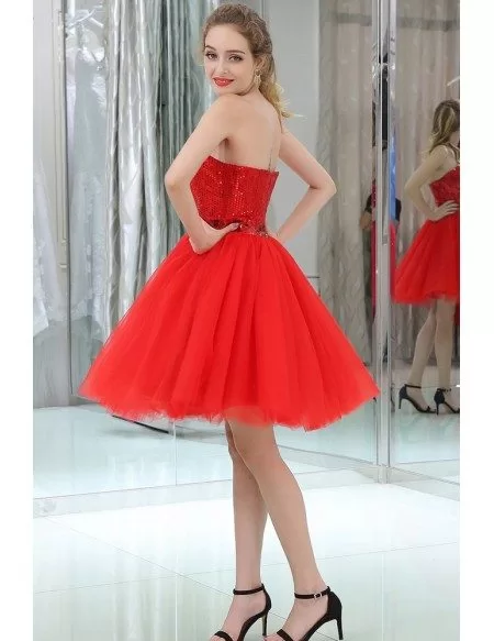Red Cocktail Sequined Tulle Prom Dress With Vintage Halter Neck