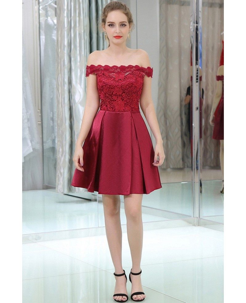 Off The Shoulder Burgundy Lace Satin Prom Dress In Cocktail Length # ...