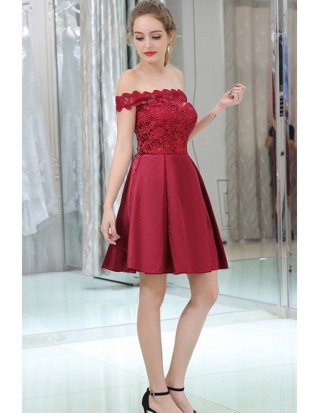 Off The Shoulder Burgundy Lace Satin Prom Dress In Cocktail Length