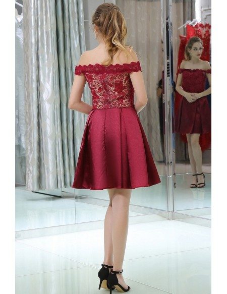 Off The Shoulder Burgundy Lace Satin Prom Dress In Cocktail Length