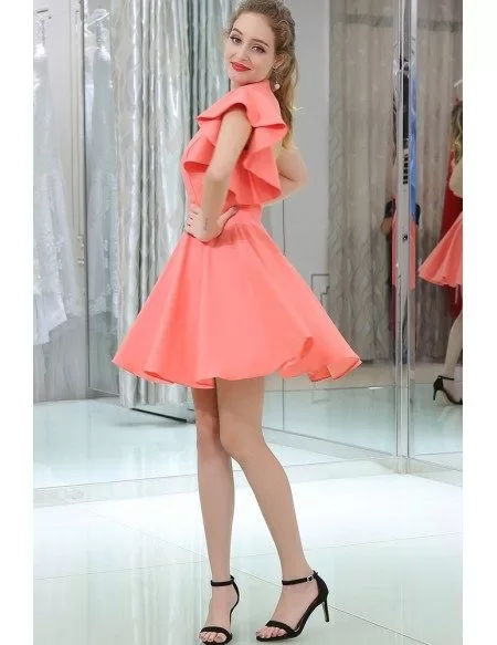 Watermelon Short Satin Evening Dress With One Shoulder Sleeve