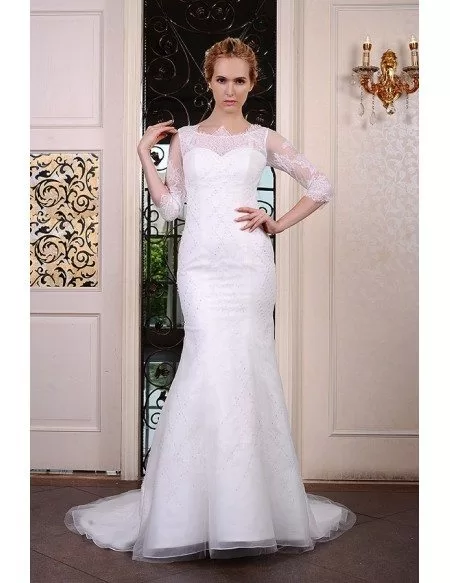 Mermaid Scoop Neck Sweep Train Organza Wedding Dress With Beading Appliquer Lace